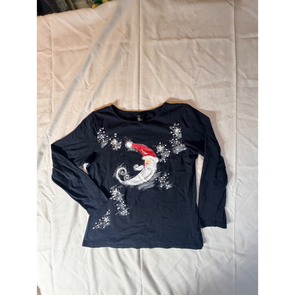 Berek Womens Small Black Santa Moon Sequin Long Sleeve Christmas Holiday Top